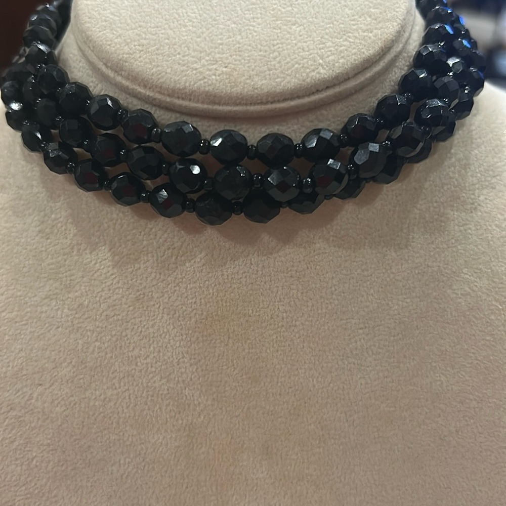 Vintage Black Crystal 3 Strand Beaded Choker Necklace-Boutique